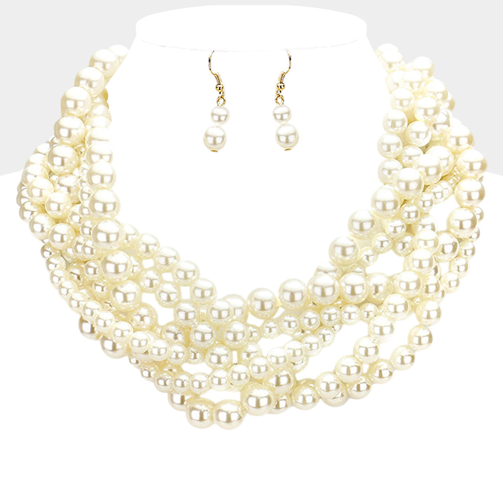 Braided Multi Strand Pearl Bib Necklace Pear
