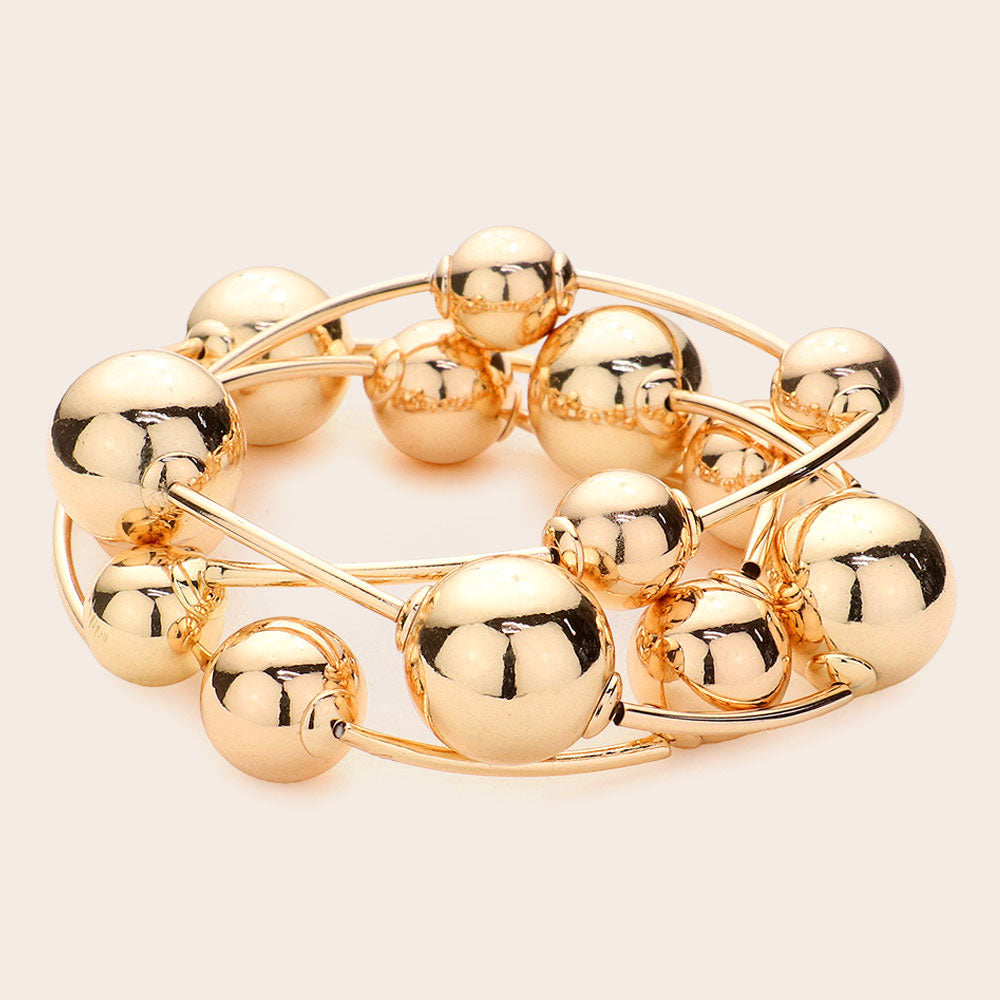 3PCS - Metal Ball Station Stretch Bracelets Gold