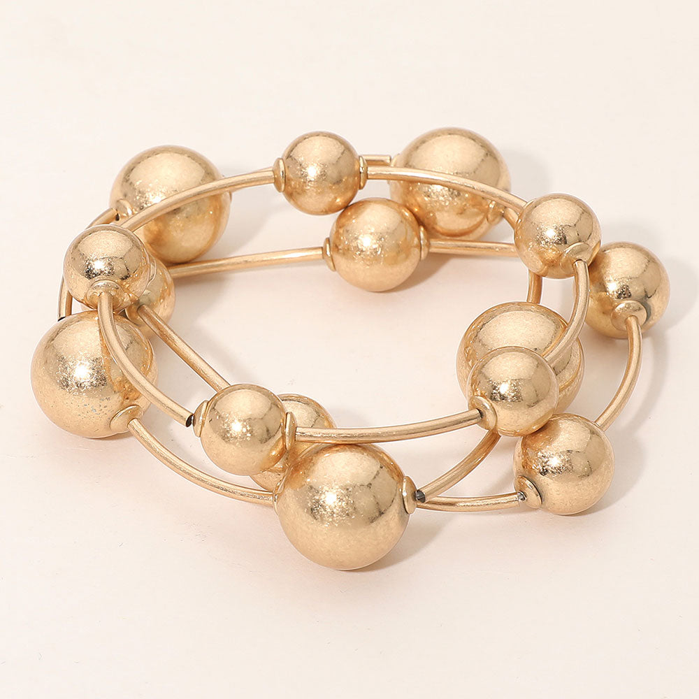 3PCS - Metal Ball Station Stretch Bracelets Worn Gold
