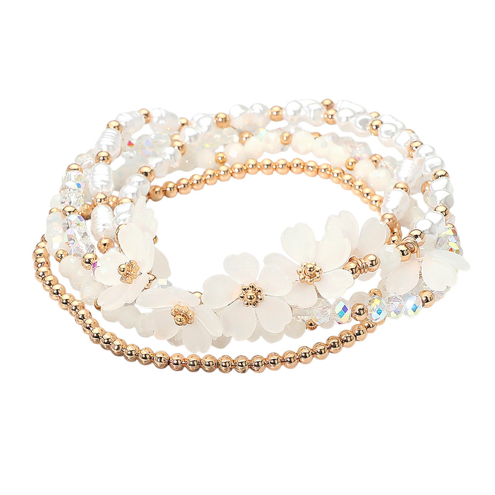 5PCS - Floral Pearl Faceted Beaded Stretch Multi Layered Bracelets